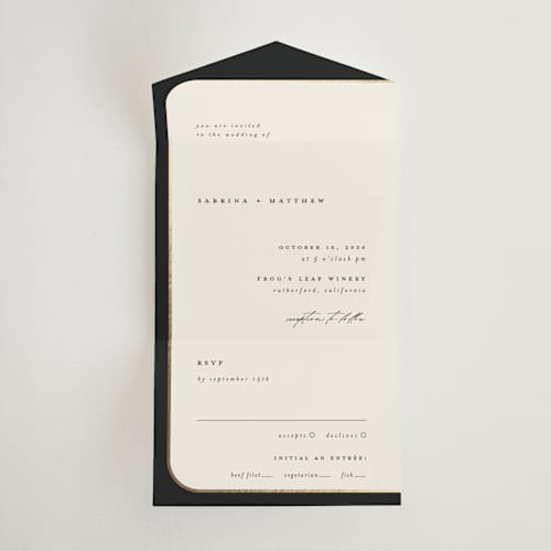 This is a black tie all in one wedding invitations with foil pressed by Carolyn Nicks called tuxedo printing on value cover in all-in-one
