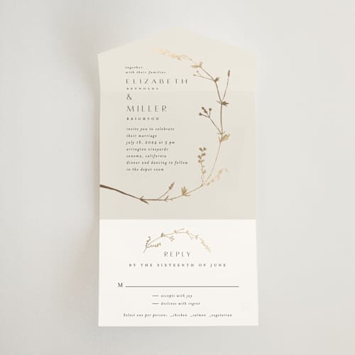This is a cotton all in one wedding invitations with foil pressed by Amy Kross called vine wrap printing on value cover in all-in-one