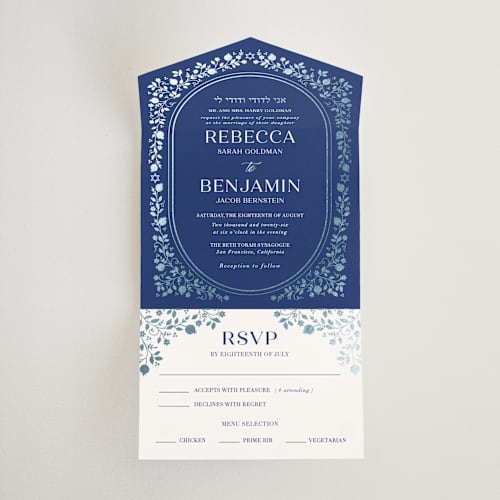 This is a royal all in one wedding invitations with foil pressed by Nam Bourassa called pomegranate floral frame printing on value cover in all-in-one