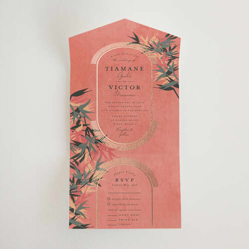 This is a coral all in one wedding invitations with foil pressed by Julie Hebert called birds of paradise printing on value cover in all-in-one