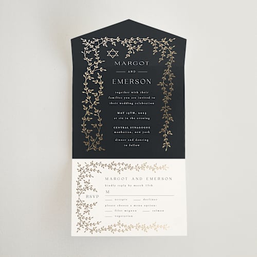 This is a midnight all in one wedding invitations with foil pressed by Ana de Sousa called beautiful chuppah printing on value cover in all-in-one
