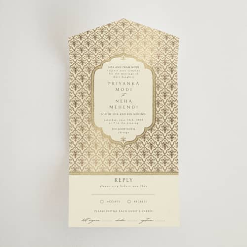 This is a marigold all in one wedding invitations with foil pressed by Pati Cascino called aatreya printing on value cover in all-in-one