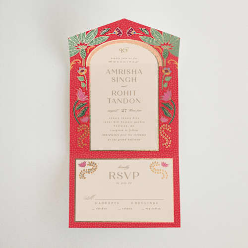 This is a sindoor all in one wedding invitations with foil pressed by Creo Study called indian garden printing on value cover in all-in-one