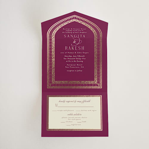 This is a garnet all in one wedding invitations with foil pressed by Chris Griffith called amber palace printing on value cover in all-in-one