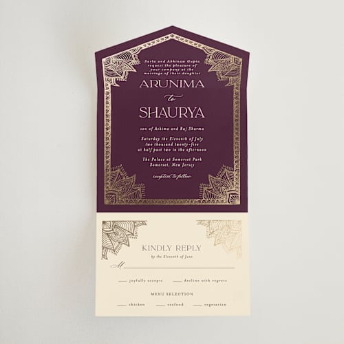 This is a plum all in one wedding invitations with foil pressed by Randi Cirelli called arunima printing on value cover in all-in-one