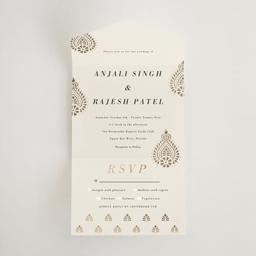 This is a champagne all in one wedding invitations with foil pressed by Oma N. Ramkhelawan called henna stamp printing on value cover in all-in-one