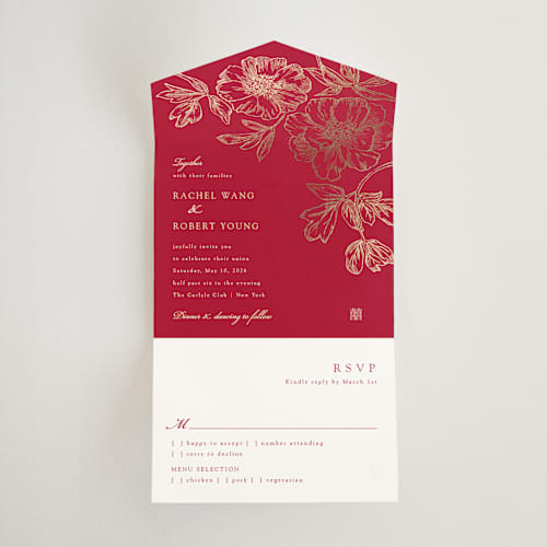 This is a ruby all in one wedding invitations with foil pressed by Janean Hinger called double peony printing on value cover in all-in-one