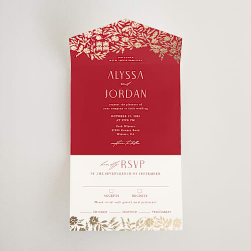 This is a ruby all in one wedding invitations with foil pressed by Yaling Hou Suzuki called garden vines printing on value cover in all-in-one
