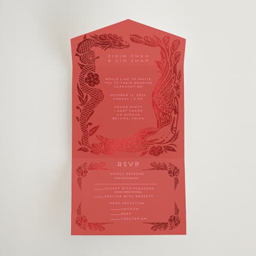 This is a ruby all in one wedding invitations with foil pressed by Ghia Designs called fiery printing on value cover in all-in-one