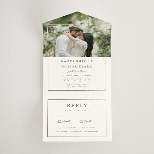 This is a pearl all in one wedding invitations with foil pressed by Nicole Walsh called gilded frame printing on value cover in all-in-one
