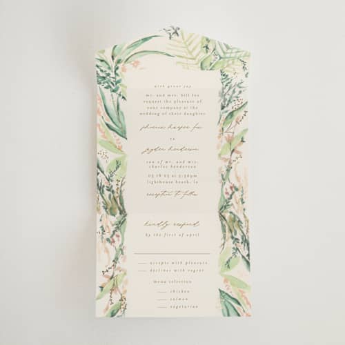 This is a greenery all in one wedding invitations with foil pressed by Phrosné Barwood called fresh tropical printing on value cover in all-in-one