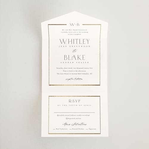 This is a cotton all in one wedding invitations with foil pressed by Stacey Meacham called luster printing on value cover in all-in-one