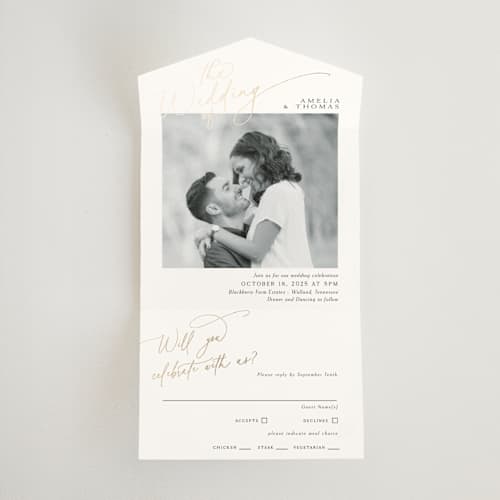 This is a marshmallow all in one wedding invitations with foil pressed by Kaydi Bishop called the wedding printing on value cover in all-in-one