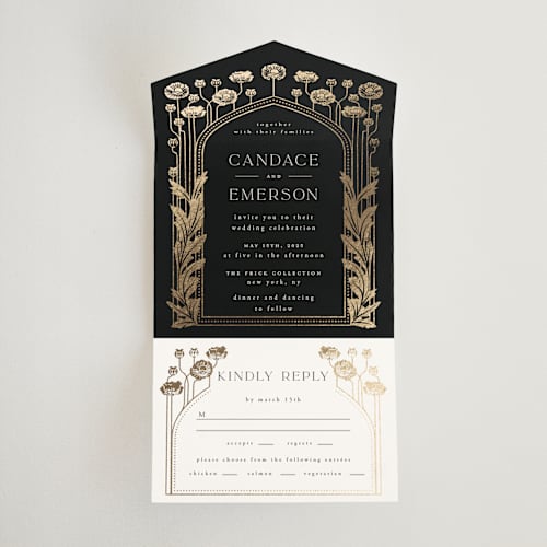 This is a onyx all in one wedding invitations with foil pressed by Ana de Sousa called nouveau flowers printing on value cover in all-in-one