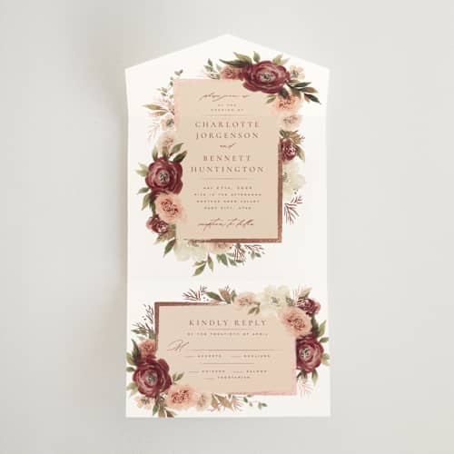 This is a peony all in one wedding invitations with foil pressed by Wildfield Paper Co called romantic frame printing on value cover in all-in-one