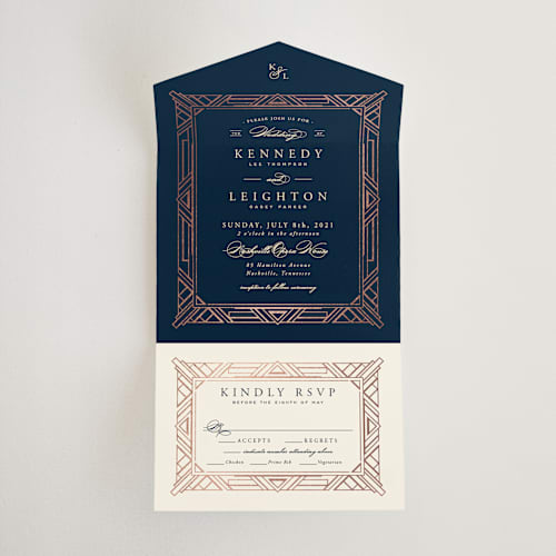 This is a dark navy all in one wedding invitations with foil pressed by Hooray Creative called opulent border printing on value cover in all-in-one