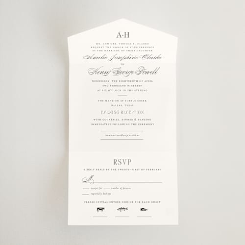 This is a tuxedo all in one wedding invitations with standard by Megan Davis called hepburn printing on value cover in all-in-one