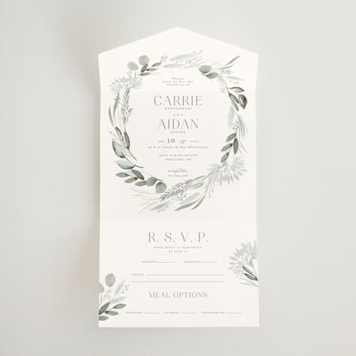 This is a sage all in one wedding invitations with standard by Petra Kern called amorino printing on value cover in all-in-one