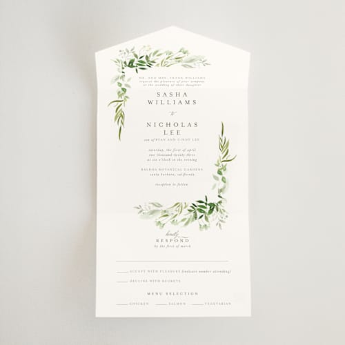 This is a garden all in one wedding invitations with standard by Leah Bisch called verdure printing on value cover in all-in-one