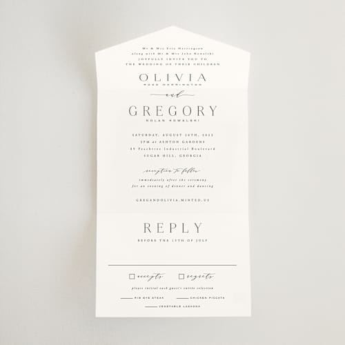 This is a lily all in one wedding invitations with standard by Hooray Creative called classy type printing on value cover in all-in-one
