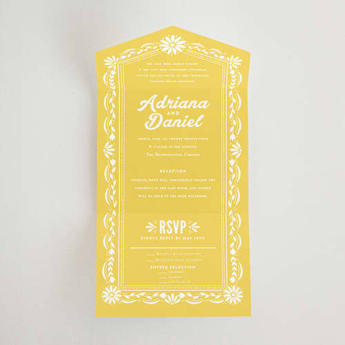 This is a sunshine all in one wedding invitations with standard by Jessie Steury called pretty picado printing on value cover in all-in-one