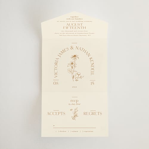 This is a cream all in one wedding invitations with standard by Baumbirdy called floral type arch printing on value cover in all-in-one