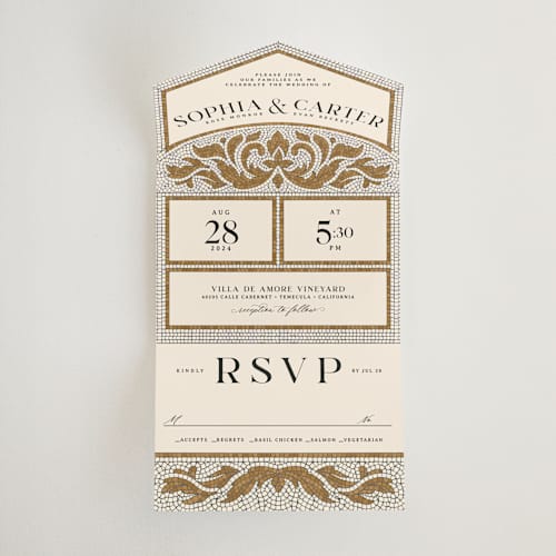 This is a sand all in one wedding invitations with standard by GeekInk Design called floral mosaic printing on value cover in all-in-one