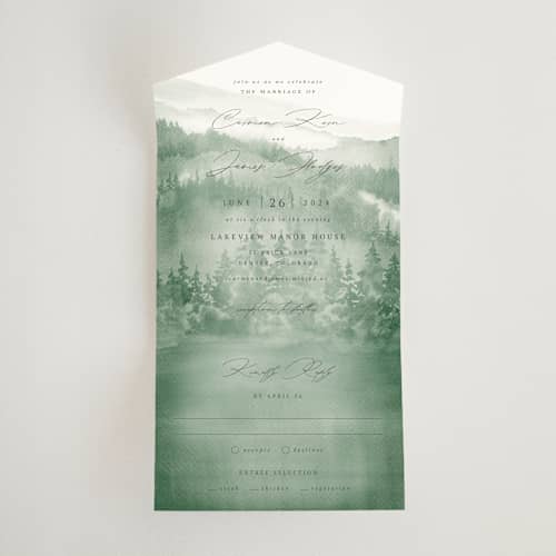 This is a fern all in one wedding invitations with standard by Helen Halik called over the mountains printing on value cover in all-in-one