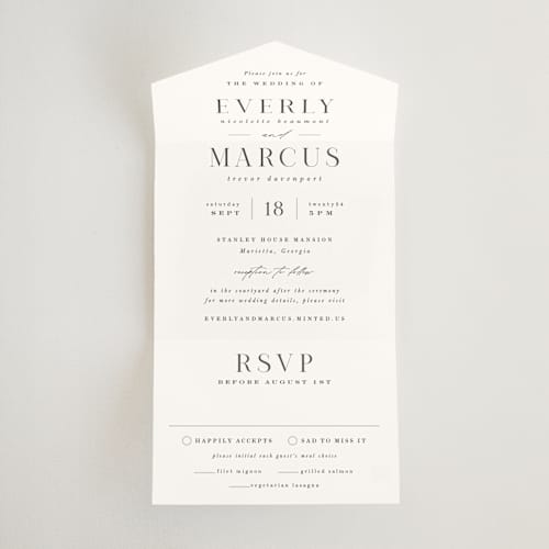 This is a snow all in one wedding invitations with standard by Hooray Creative called everly printing on value cover in all-in-one