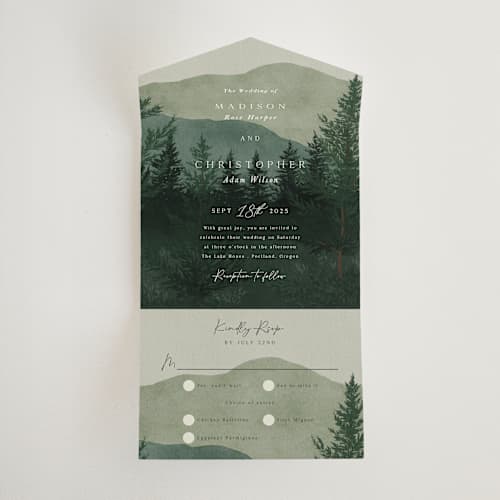 This is a jade all in one wedding invitations with standard by Elly called the forest printing on strathmore in all-in-one