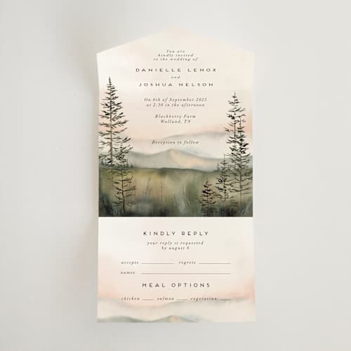 This is a forest all in one wedding invitations with standard by Petra Kern called every single dawn with you printing on strathmore in all-in-one