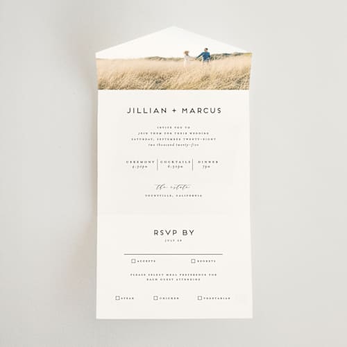 This is a linen all in one wedding invitations with standard by Christie Garcia called picturesque printing on value cover in all-in-one