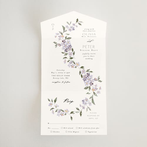 This is a periwinkle all in one wedding invitations with standard by Itsy Belle Studio called sweeping vine printing on value cover in all-in-one