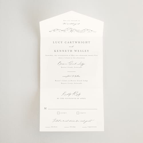 This is a pewter all in one wedding invitations with standard by Sarah Brown called mountainview printing on value cover in all-in-one