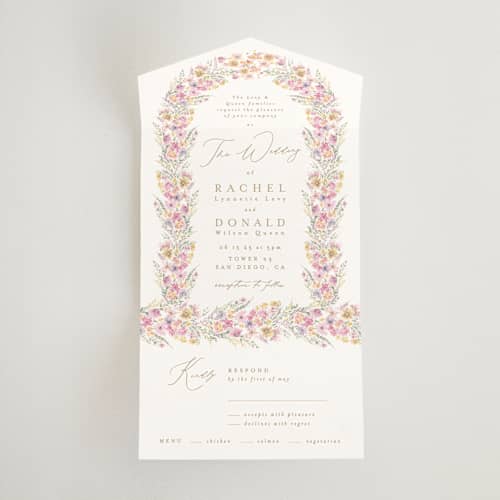 This is a spring all in one wedding invitations with standard by Phrosné Barwood called floral arch printing on strathmore in all-in-one