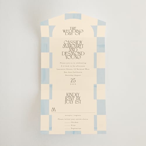 This is a ivory all in one wedding invitations with standard by Baumbirdy called checker wash printing on value cover in all-in-one