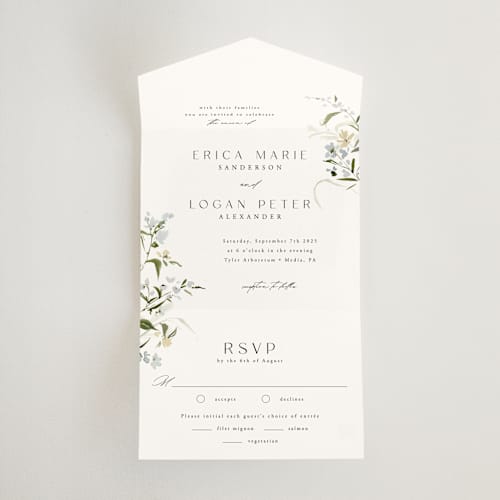 This is a lily all in one wedding invitations with standard by Everett Paper Goods called fleur printing on value cover in all-in-one