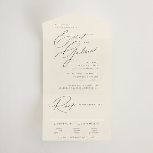 This is a ecru all in one wedding invitations with standard by Hooray Creative called scripted names printing on value cover in all-in-one