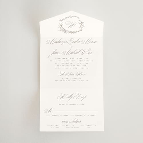 This is a chantilly all in one wedding invitations with standard by Wildfield Paper Co called romantic wreath printing on strathmore in all-in-one