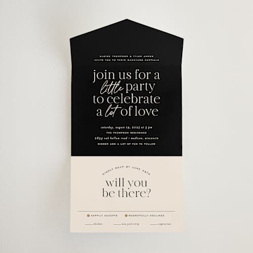 This is a noir all in one wedding invitations with standard by Jessica Corliss called little party big love printing on value cover in all-in-one