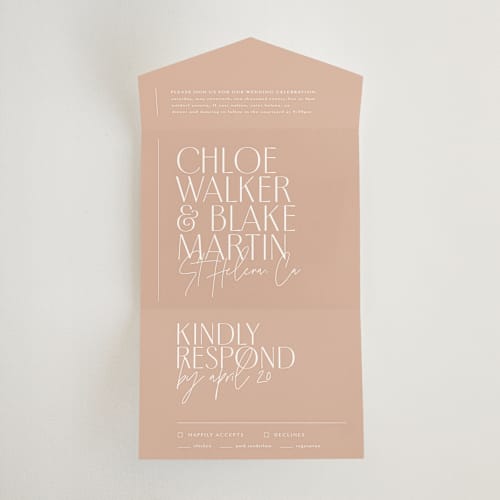 This is a terracotta all in one wedding invitations with standard by Kelly Schmidt called overlap printing on strathmore in all-in-one