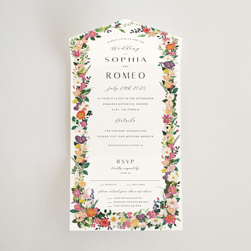 This is a daisy all in one wedding invitations with standard by Susan Moyal called secret garden printing on strathmore in all-in-one