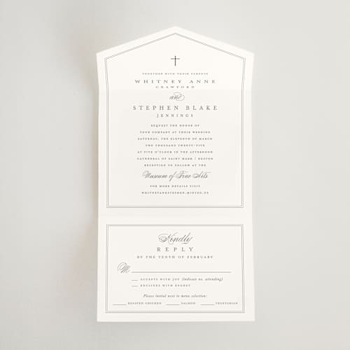 This is a ivory all in one wedding invitations with standard by Amy Kross called crawford printing on strathmore in all-in-one