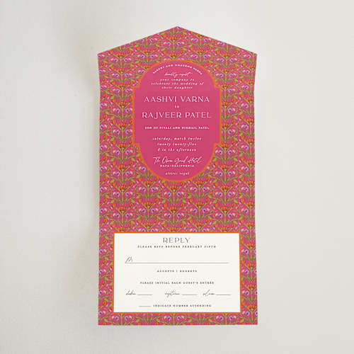 This is a fuchsia all in one wedding invitations with standard by Pati Cascino called varna printing on value cover in all-in-one