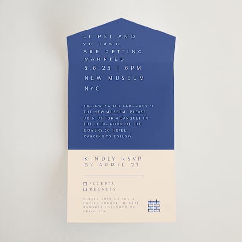 This is a marseille bleu all in one wedding invitations with standard by Deborah Chou called two toned printing on value cover in all-in-one
