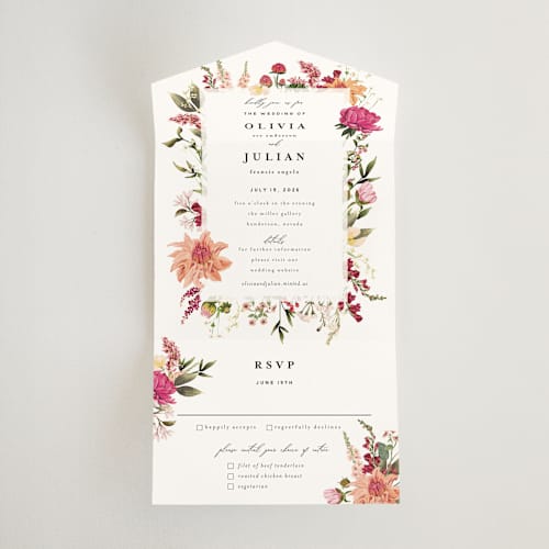 This is a magenta all in one wedding invitations with standard by Susan Moyal called lush printing on value cover in all-in-one