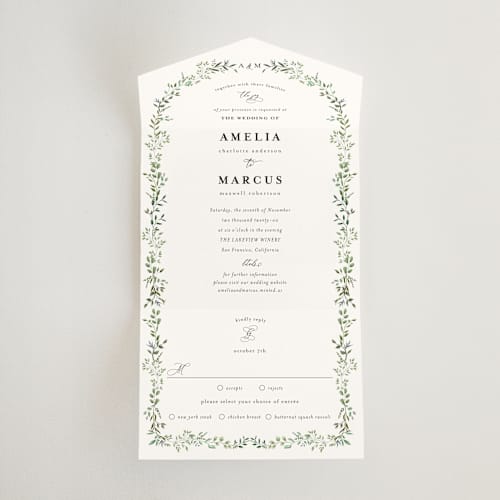 This is a mojito all in one wedding invitations with standard by Susan Moyal called monogramed arch printing on strathmore in all-in-one