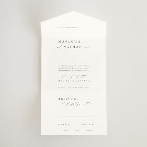 This is a silk all in one wedding invitations with standard by Kelly Schmidt called astoria printing on strathmore in all-in-one