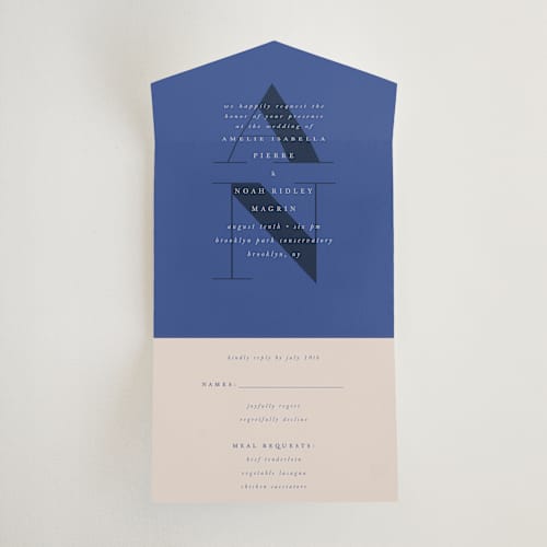 This is a marseille bleu all in one wedding invitations with standard by Up Up Creative called centro printing on strathmore in all-in-one