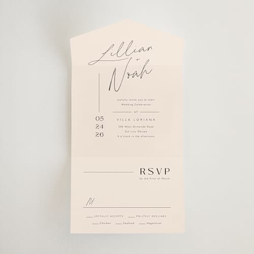 This is a creampuff all in one wedding invitations with standard by Carolyn MacLaren called modern aligned printing on strathmore in all-in-one